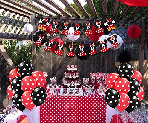 Minnie Mouse Themed Party Supplies Rojo y negro para niñas Feliz cumpleaños Banner Lunares Globos Mantel para fiesta de cumpleaños, Decoraciones para bebés