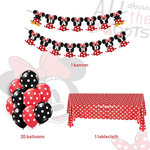 Minnie Mouse Themed Party Supplies Rojo y negro para niñas Feliz cumpleaños Banner Lunares Globos Mantel para fiesta de cumpleaños, Decoraciones para bebés