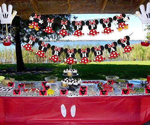 Minnie Mouse Themed Party Supplies Rojo y negro para niñas Feliz cumpleaños Banner Lunares Globos Mantel para fiesta de cumpleaños, Decoraciones para bebés