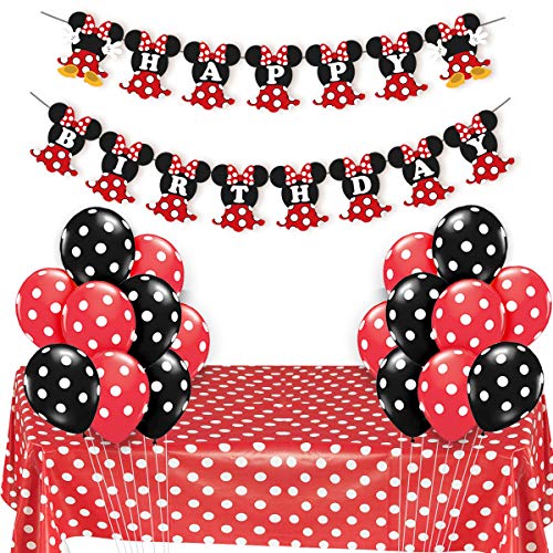 Minnie Mouse Themed Party Supplies Rojo y negro para niñas Feliz cumpleaños Banner Lunares Globos Mantel para fiesta de cumpleaños, Decoraciones para bebés