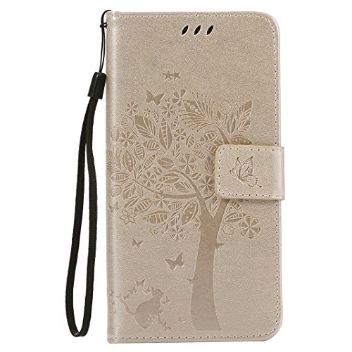 Moon mood Huawei P9 Lite Funda Piel Carcasa Libro, Flip Funda de Piel con Tapas y Cartera Magnético Folio Case Cover de Cuero Protectora Caja de Teléfono Función de Soporte Ranuras para Tarjetas, Oro