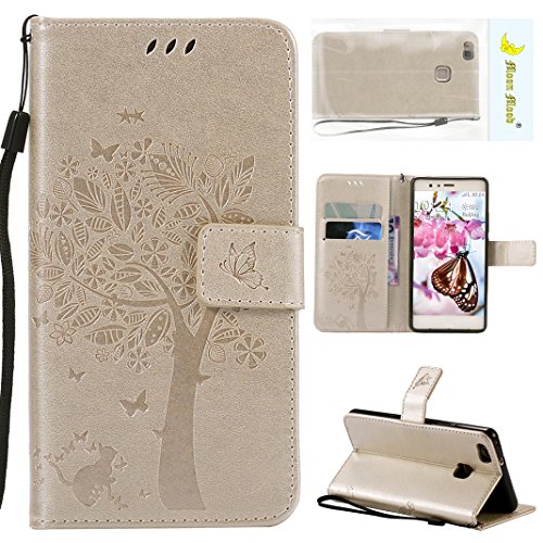 Moon mood Huawei P9 Lite Funda Piel Carcasa Libro, Flip Funda de Piel con Tapas y Cartera Magnético Folio Case Cover de Cuero Protectora Caja de Teléfono Función de Soporte Ranuras para Tarjetas, Oro