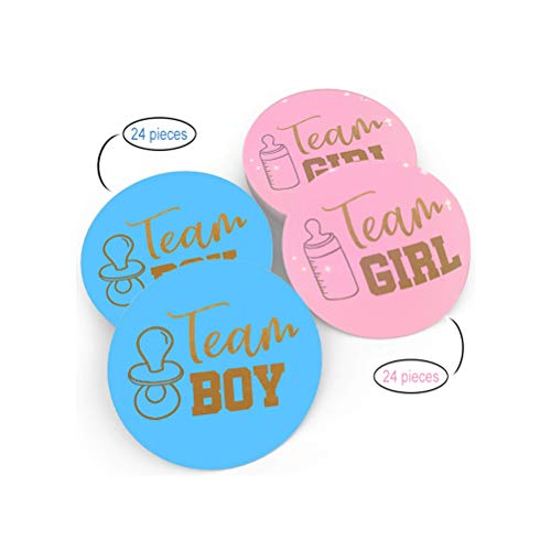 MUCHEN SHOP Pegatinas de Revelación de Género,48 Piezas Etiqueta con Letras Doradasde Team Boy and Girl para Baby Shower Revelar Género de Bebé Juegos de Fiesta Deco