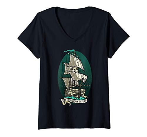 Mujer El Marinero Borracho - Pirata y Marinero Veneno - Barco Camiseta Cuello V