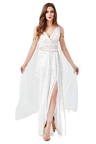 Mujer Halloween Vestido de Diosa Griega Disfraz de Atenea Cuello V Sin Mangas Romano Toga Olimpica Conjunto Completo, M