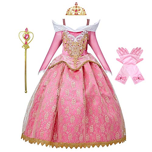 MYRISAM Vestidos de Princesa Aurora para Niñas Disfraz de Carnaval Bella Durmiente Traje de Halloween Navidad Cumpleaños Fiesta Ceremonia Aniversario Cosplay Vestir con Accesorios 7-8 años