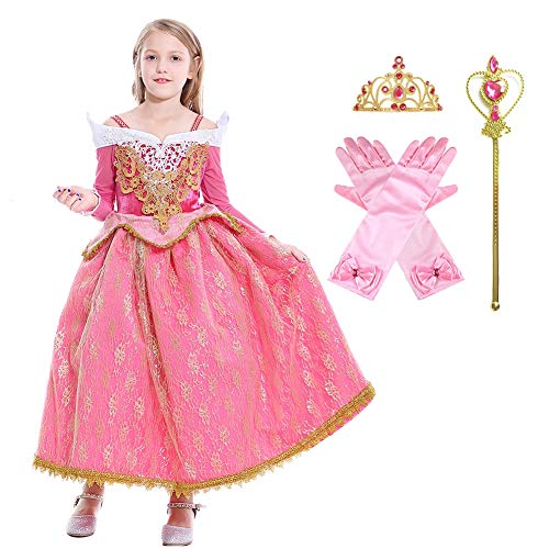 MYRISAM Vestidos de Princesa Aurora para Niñas Disfraz de Carnaval Bella Durmiente Traje de Halloween Navidad Cumpleaños Fiesta Ceremonia Aniversario Cosplay Vestir con Accesorios 5-6 años