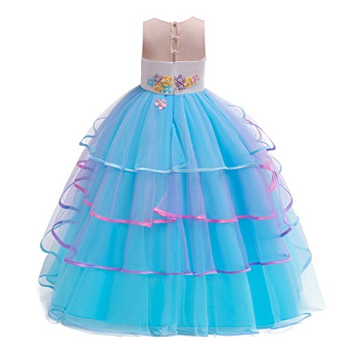 Niñas Disfraz de Halloween Princesa Vestido de Unicornio para Chicas Cumpleaños de Boda Carnaval de Fiesta de Cosplay Navidad Comunión Flor Vestidos de Baile con Diadema Azul 12-13