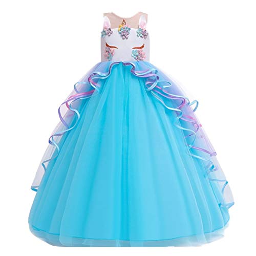 Niñas Disfraz de Halloween Princesa Vestido de Unicornio para Chicas Cumpleaños de Boda Carnaval de Fiesta de Cosplay Navidad Comunión Flor Vestidos de Baile con Diadema Azul 12-13