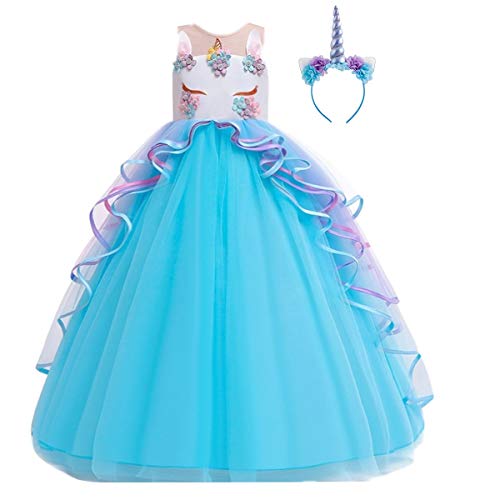 Niñas Disfraz de Halloween Princesa Vestido de Unicornio para Chicas Cumpleaños de Boda Carnaval de Fiesta de Cosplay Navidad Comunión Flor Vestidos de Baile con Diadema Azul 12-13