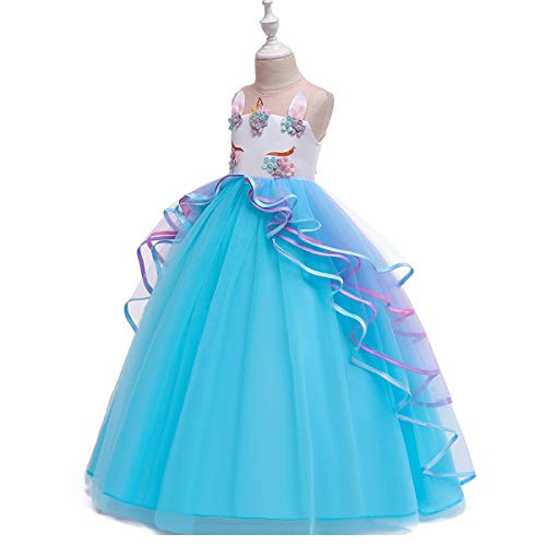 Niñas Disfraz de Halloween Princesa Vestido de Unicornio para Chicas Cumpleaños de Boda Carnaval de Fiesta de Cosplay Navidad Comunión Flor Vestidos de Baile con Diadema Arcoiris 4-5