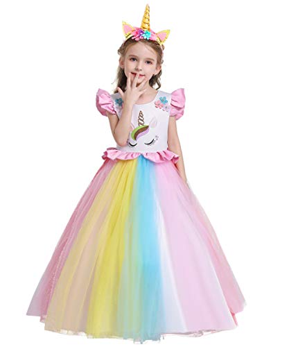 Niñas Disfraz de Halloween Princesa Vestido de Unicornio para Chicas Cumpleaños de Boda Carnaval de Fiesta de Cosplay Navidad Comunión Flor Vestidos de Baile con Diadema Arcoiris 4-5