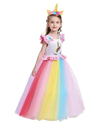 Niñas Disfraz de Halloween Princesa Vestido de Unicornio para Chicas Cumpleaños de Boda Carnaval de Fiesta de Cosplay Navidad Comunión Flor Vestidos de Baile con Diadema Arcoiris 4-5