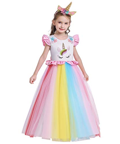 Niñas Disfraz de Halloween Princesa Vestido de Unicornio para Chicas Cumpleaños de Boda Carnaval de Fiesta de Cosplay Navidad Comunión Flor Vestidos de Baile con Diadema Arcoiris 4-5