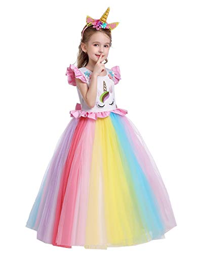 Niñas Disfraz de Halloween Princesa Vestido de Unicornio para Chicas Cumpleaños de Boda Carnaval de Fiesta de Cosplay Navidad Comunión Flor Vestidos de Baile con Diadema Arcoiris 4-5