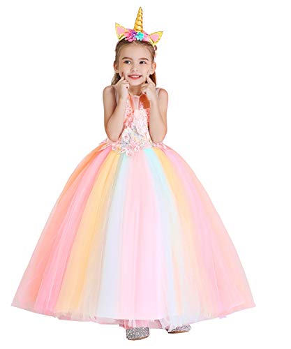 Niñas Disfraz de Halloween Princesa Vestido de Unicornio para Chicas Cumpleaños de Boda Carnaval de Fiesta de Cosplay Navidad Comunión Flor Vestidos de Baile con Diadema Arcoiris 4-5