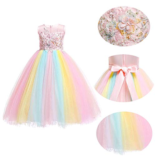 Niñas Disfraz de Halloween Princesa Vestido de Unicornio para Chicas Cumpleaños de Boda Carnaval de Fiesta de Cosplay Navidad Comunión Flor Vestidos de Baile con Diadema Arcoiris 4-5