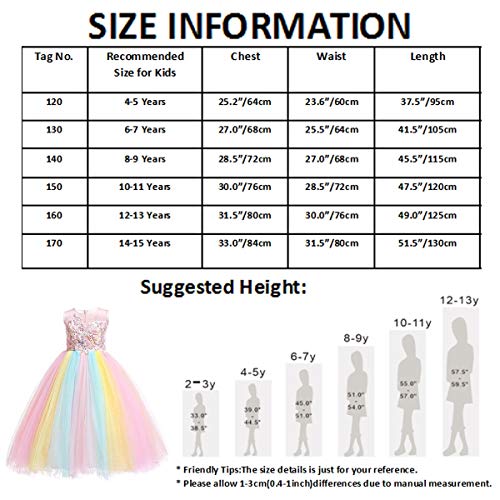 Niñas Disfraz de Halloween Princesa Vestido de Unicornio para Chicas Cumpleaños de Boda Carnaval de Fiesta de Cosplay Navidad Comunión Flor Vestidos de Baile con Diadema Arcoiris 4-5