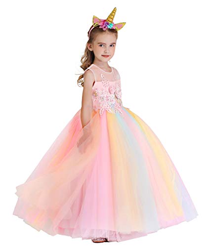 Niñas Disfraz de Halloween Princesa Vestido de Unicornio para Chicas Cumpleaños de Boda Carnaval de Fiesta de Cosplay Navidad Comunión Flor Vestidos de Baile con Diadema Arcoiris 4-5