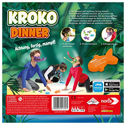 noris Kroko Dinner 606011756 - Juego de Habilidad y Fiesta con 3 máscaras de cocodrilo con Banda de Goma Ajustable, a Partir de 4 años