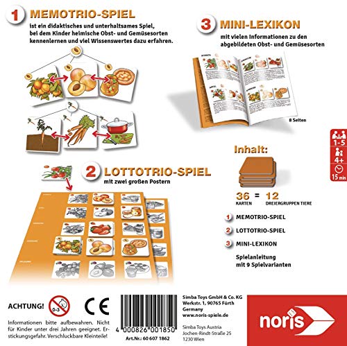 noris MemoTrio Frutas y Verduras – 3 Juegos Relacionados con la alimentación – para niños a Partir de 4 años, Multicolor (606071862)