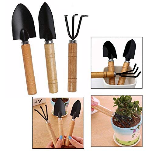 OFKPO Set de 3 de Mini Jardín Planta Herramienta Jardín Pala, Mango de Madera Herramientas de Jardinería Mini Conjunto