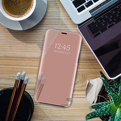 Oihxse Espejo Funda Compatible con iPhone SE 2020/iPhone 7/iPhone 8 Carcasa Ultra Slim Mirror Flip Translúcido View Tipo Libro Tapa Standing 360°Protectora PC + PU Cover Anti-Scratch Caso(Oro Rosa)