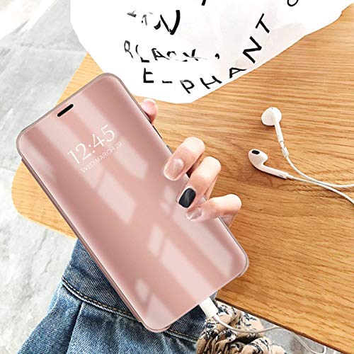 Oihxse Espejo Funda Compatible con iPhone SE 2020/iPhone 7/iPhone 8 Carcasa Ultra Slim Mirror Flip Translúcido View Tipo Libro Tapa Standing 360°Protectora PC + PU Cover Anti-Scratch Caso(Oro Rosa)