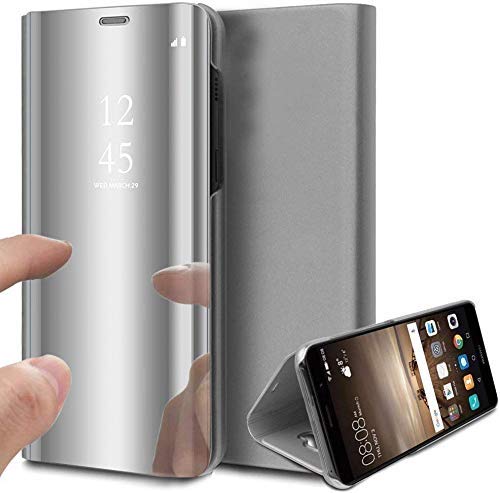 Oihxse Espejo Funda Compatible con Samsung Galaxy J6 2018 Carcasa Ultra Slim Mirror Flip Translúcido View Tipo Libro Tapa Standing 360°Protectora PC + PU Cover Anti-Scratch Caso(Plata)