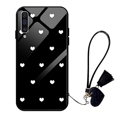 Oihxse Moda Case Compatible para Samsung Galaxy A70E Funda Vidrio Templado con Cuerda Cordón TPU Silicona Suave Bumper Cover Anti-Choques Anti-Rasguños Cáscara de Cristal Estuche,A7