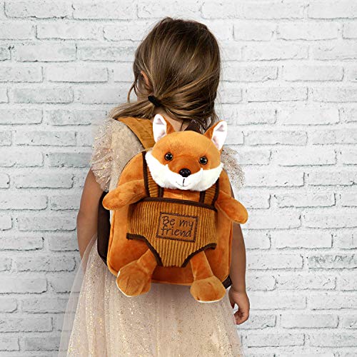 PERLETTI Mochila Infantil Pequeña Zorro de Peluche - Bolso para Niños Niñas 3 4 5 Años con Muñeco Extraíble Escuela Guarderia Viaje - Bolsa Escolar Reversible Animal de Peluche - 22x25x3 cm (Zorro)