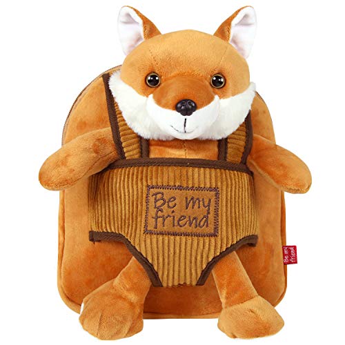 PERLETTI Mochila Infantil Pequeña Zorro de Peluche - Bolso para Niños Niñas 3 4 5 Años con Muñeco Extraíble Escuela Guarderia Viaje - Bolsa Escolar Reversible Animal de Peluche - 22x25x3 cm (Zorro)