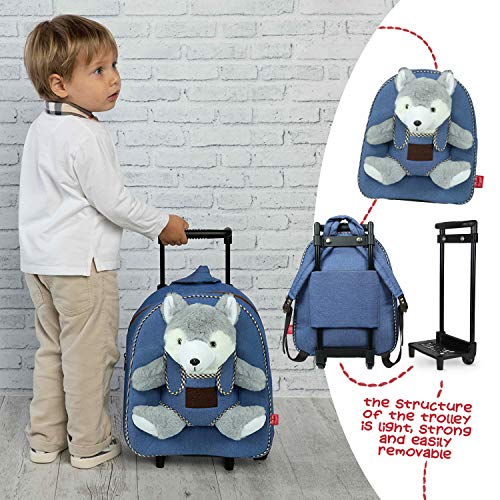 PERLETTI Mochila Trolley Infantil con Husky de Peluche - Bolsa con Ruedas y Juguete Muñeco Perrito Niños Niñas 3 4 5 Años - Pequeño Bolso Escolar Perro Escuela Guardería Viaje - 29x33x11 cm (Husky)