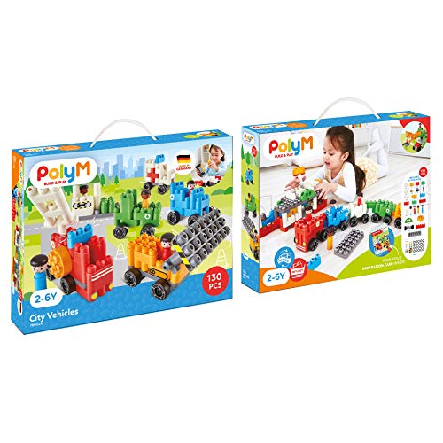 Poly-M 760024 Hape PolyM City - Juego de 130 Piezas de construcción de ladrillo para vehículos con Figuras y Accesorios, Multicolor