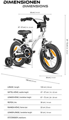 Prometheus Bicicleta para niños de 3 a 5 años | Bicicleta Infantil 4 años para niñas 14 Pulgadas con ruedines en Blanco y Negro