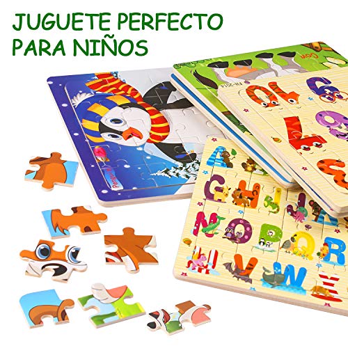 Puzzle madera niños, 20 piezas rompecabezas madera bebe, include animales, numeros, letras, regalo para niños(6 paquetes, 20 piezas)