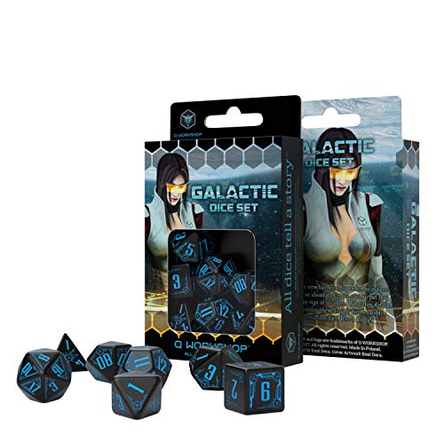 Q Workshop Galactic Black & Blue RPG Ornamented Dice Set 7 Polyhedral Pieces