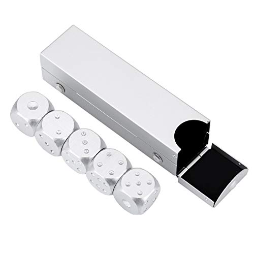 Qukaim Juego de Dados de Juegos de póker de Juego de Mesa de aleación de Aluminio de 5 Piezas con Herramienta de Caja de Almacenamiento(0.63 * 0.63 * 0.63 Inch-Plata)