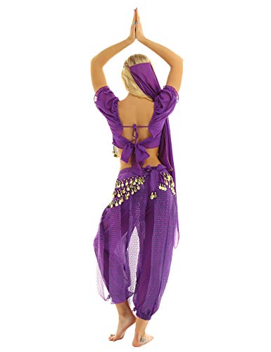 ranrann Disfraz Danza del Vientre para Mujer Lentejuelas Vestido Danza del Oriental Cosplay Conjunto de Baile India Árabe Disfraces Fiesta Carnaval Actuación Morado One Size