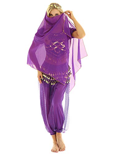 ranrann Disfraz Danza del Vientre para Mujer Lentejuelas Vestido Danza del Oriental Cosplay Conjunto de Baile India Árabe Disfraces Fiesta Carnaval Actuación Morado One Size