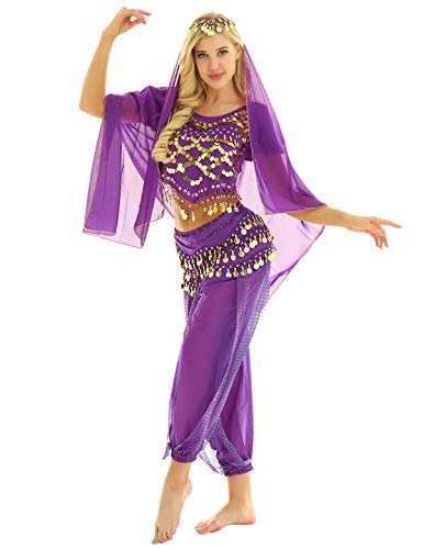 ranrann Disfraz Danza del Vientre para Mujer Lentejuelas Vestido Danza del Oriental Cosplay Conjunto de Baile India Árabe Disfraces Fiesta Carnaval Actuación Morado One Size