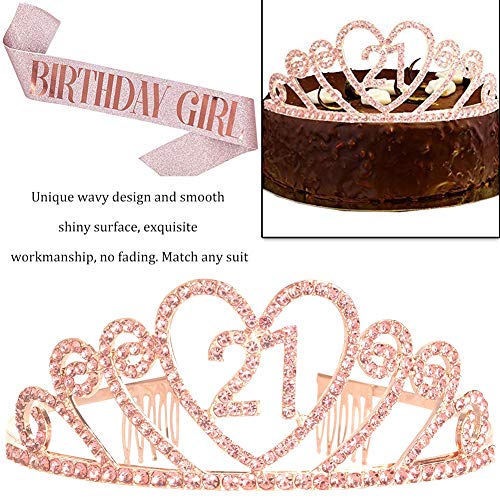 REYOK Oro Gold 21 Anni di Compleanno Donna Tiara Birthday Corona 21 Compleanno + "Birthday Girl" Sash per Feste di Compleanno o Tarta di Compleanno Decorazion