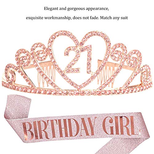 REYOK Oro Gold 21 Anni di Compleanno Donna Tiara Birthday Corona 21 Compleanno + "Birthday Girl" Sash per Feste di Compleanno o Tarta di Compleanno Decorazion