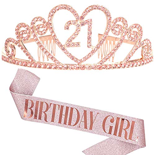 REYOK Oro Gold 21 Anni di Compleanno Donna Tiara Birthday Corona 21 Compleanno + "Birthday Girl" Sash per Feste di Compleanno o Tarta di Compleanno Decorazion