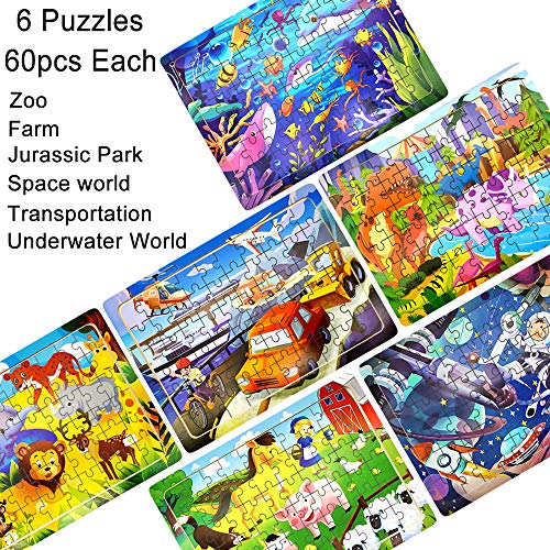 Rompecabezas de Madera Niños, 6 Paquetes 60 Piezas Puzzle Madera para 3 4 5 6 Años, Juguetes Educativos Montessori con 6 Temas, Animales, Dinosaurios, Vehículos, Vida Marina, Espacio, Regalo Infantil