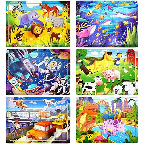 Rompecabezas de Madera Niños, 6 Paquetes 60 Piezas Puzzle Madera para 3 4 5 6 Años, Juguetes Educativos Montessori con 6 Temas, Animales, Dinosaurios, Vehículos, Vida Marina, Espacio, Regalo Infantil