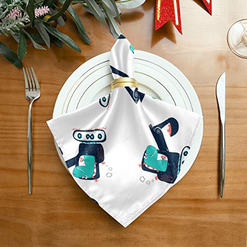 Satin Napkins Set of 6, Worker Dinosaur Pattern and Digger Vector,Square Printed Party & Dinner Cloth Napkins,20" X 20"