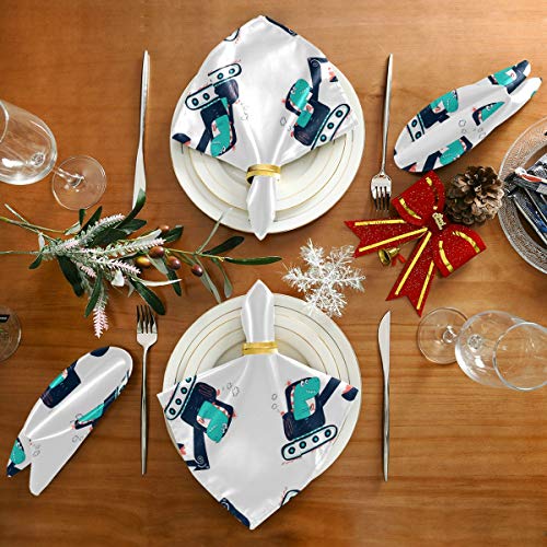 Satin Napkins Set of 6, Worker Dinosaur Pattern and Digger Vector,Square Printed Party & Dinner Cloth Napkins,20" X 20"