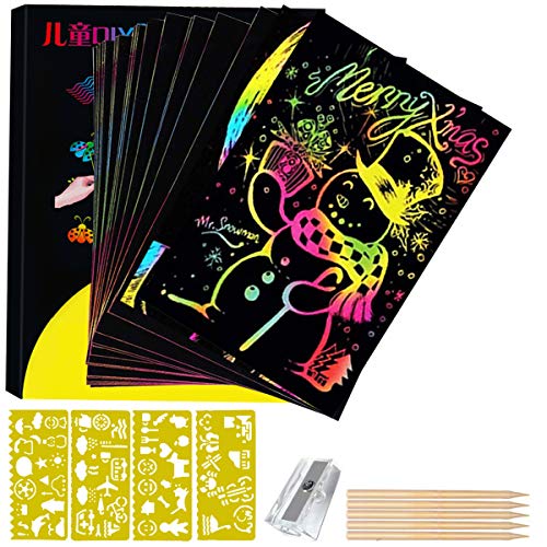 Scratch Art para Niños, Creativas Scratch Arte Paper para Juegos de Dibujo/Manualidades/Escribir, 50 Hojas Negro Manualidades Rascar Papel para Niños + 5 lápices de Madera/4 Plantillas/1 Sacapuntas