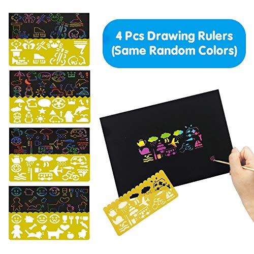 Scratch Art para Niños, Creativas Scratch Arte Paper para Juegos de Dibujo/Manualidades/Escribir, 50 Hojas Negro Manualidades Rascar Papel para Niños + 5 lápices de Madera/4 Plantillas/1 Sacapuntas